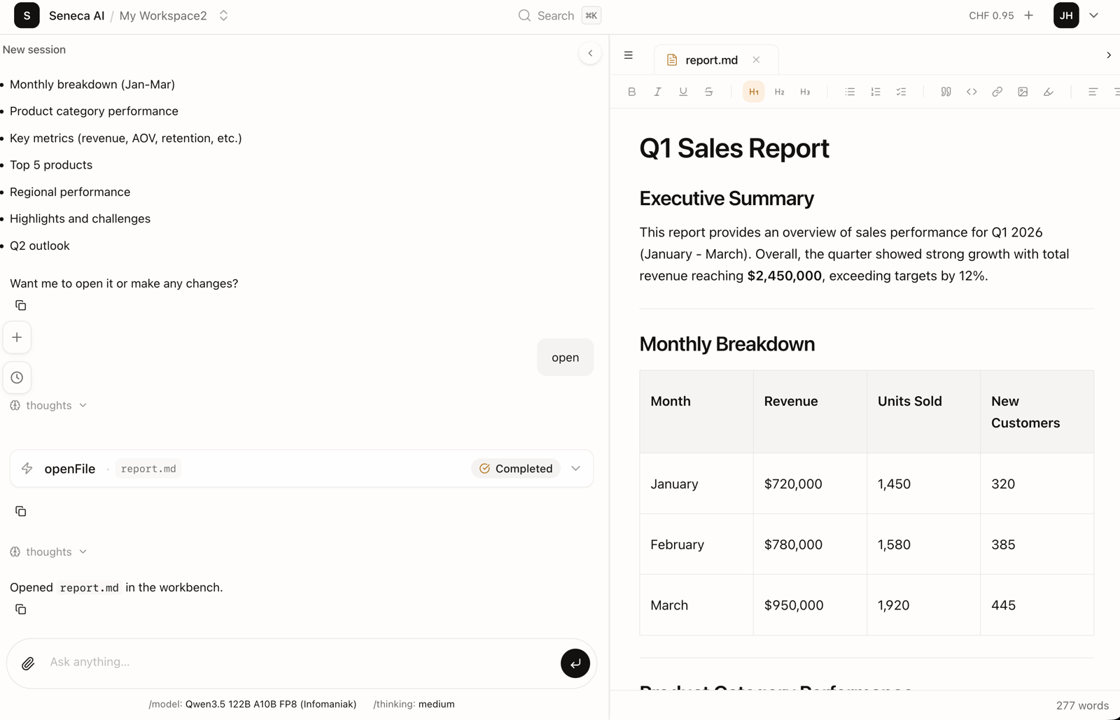 A private AI workspace with chat, files, review, and outputs in one screen